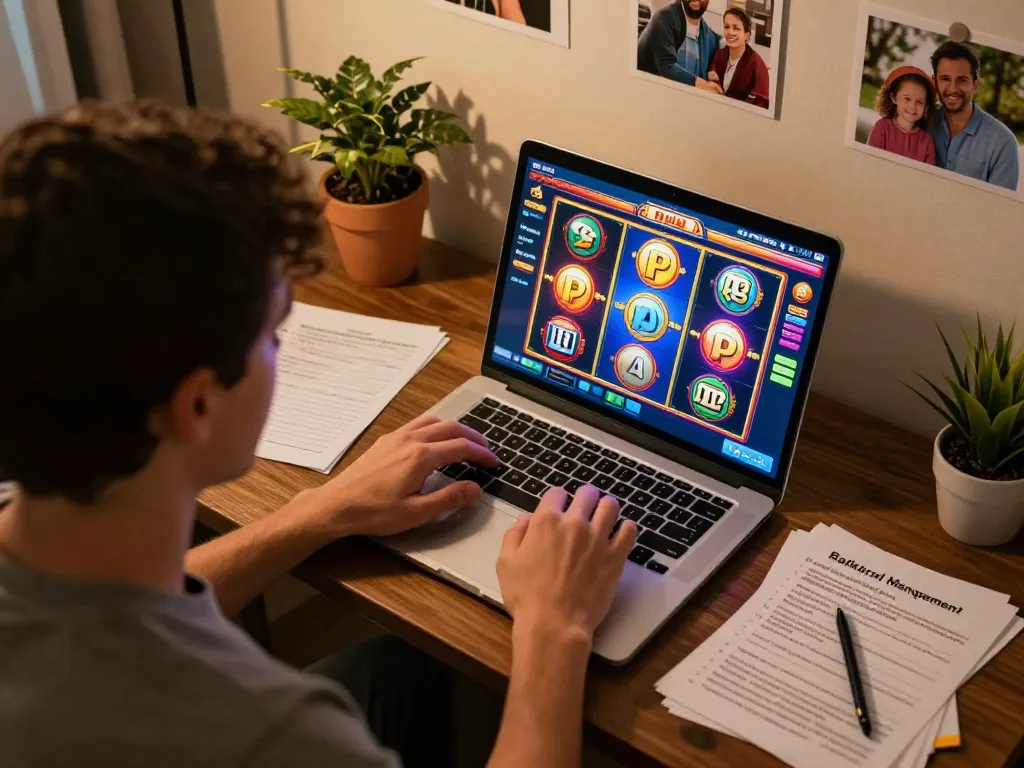 Player engaging with a vibrant slot pulsa game on laptop, showcasing responsible gaming environment.