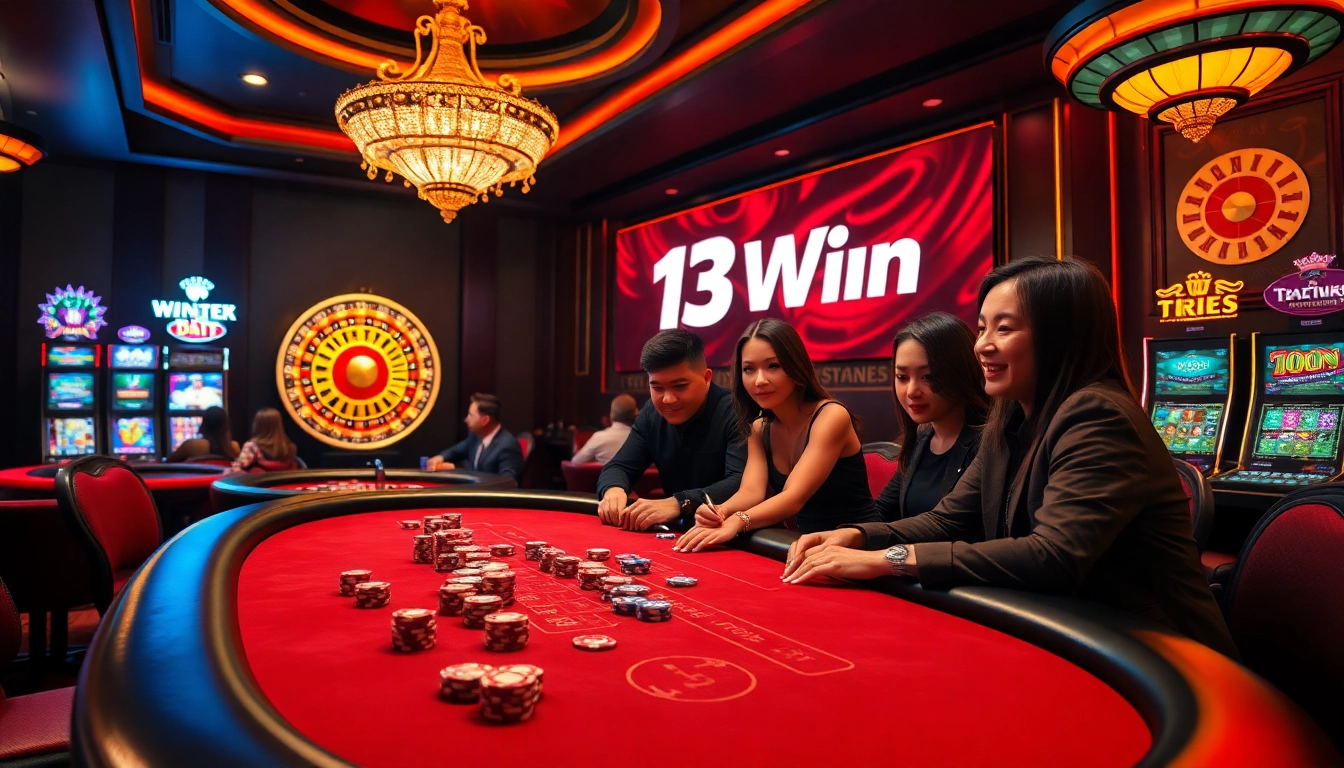 Players enjoy a thrilling game at the 13Win poker table in a vibrant casino environment.