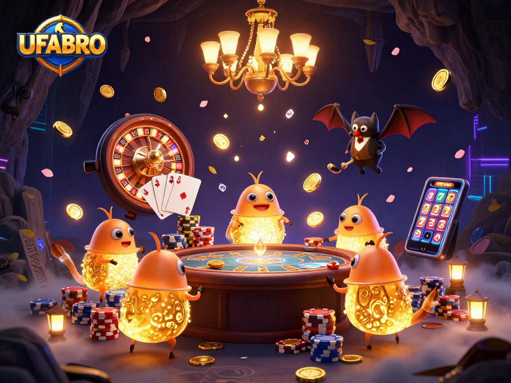 Experience the excitement of UFABRO in a vibrant casino scene with glowing characters and gaming elements.
