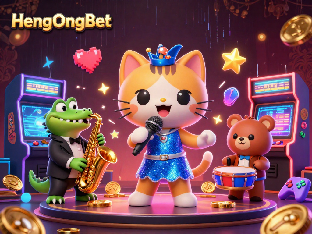 Engage with the thrilling atmosphere of HengOngBet featuring a jazzy cat, crocodile and bear in a dynamic casino scene.