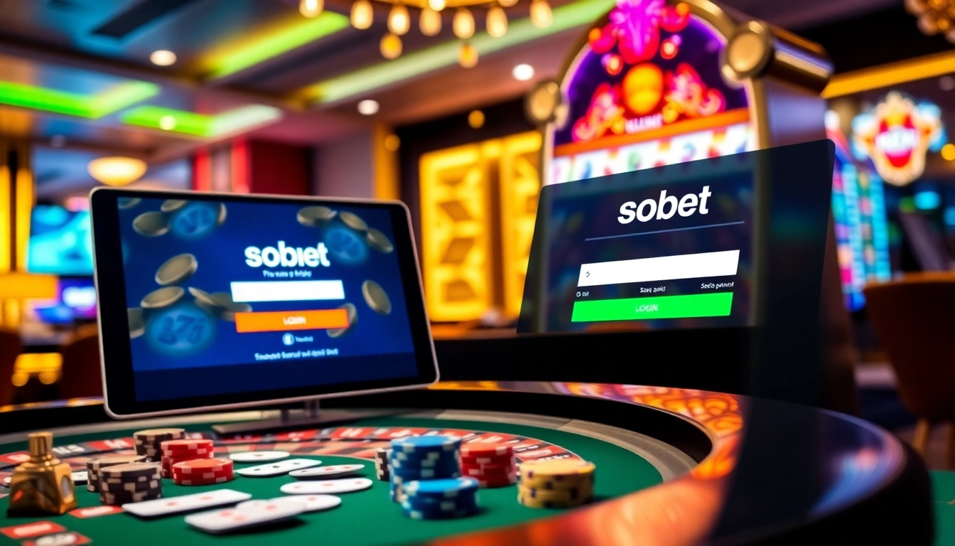 Experience sbobet login excitement with a dynamic online casino interface featuring vibrant roulette and slot machines.
