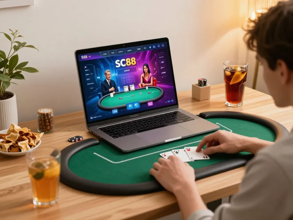 Engaged player using SC88 interface for online poker in cozy home setting
