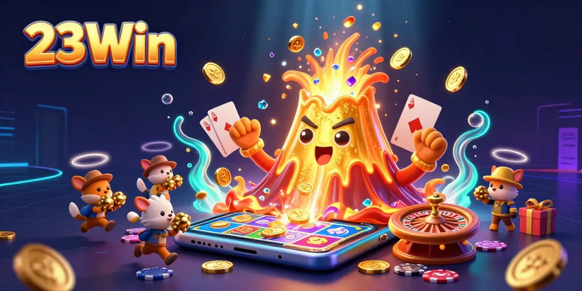 23Win players enjoy vibrant gaming experiences highlighted by a golden volcano erupting coins, surrounded by thrilling casino elements.