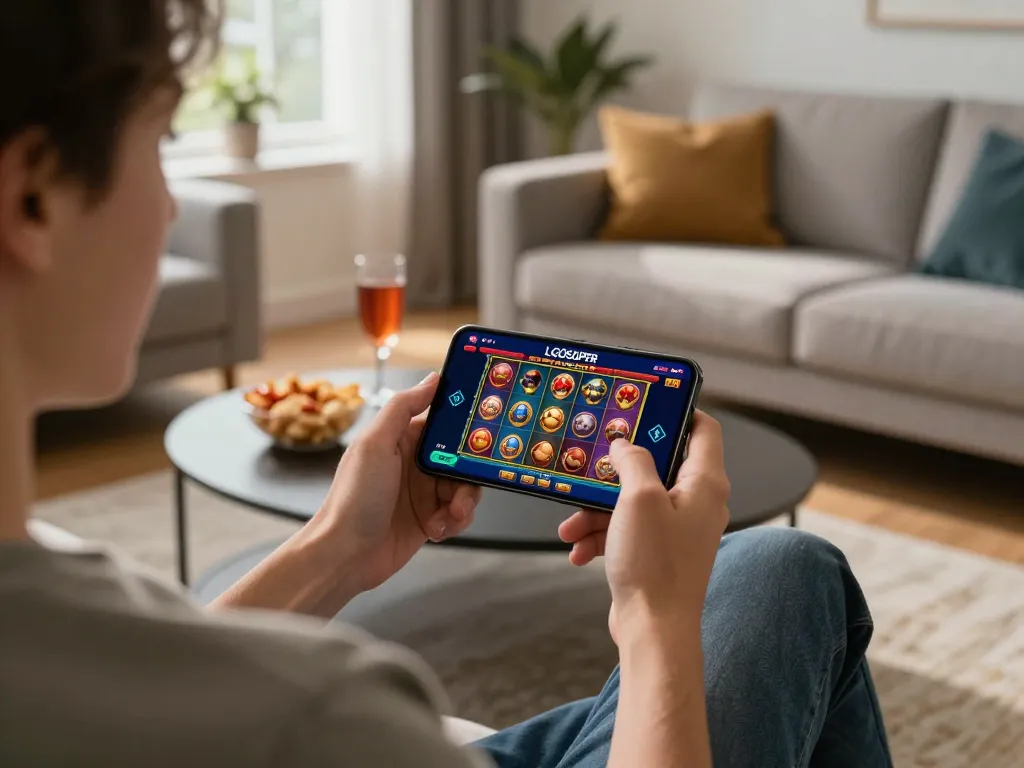 Engaging with LGOSUPER slot games on a smartphone in a stylish living room, emphasizing online gambling.