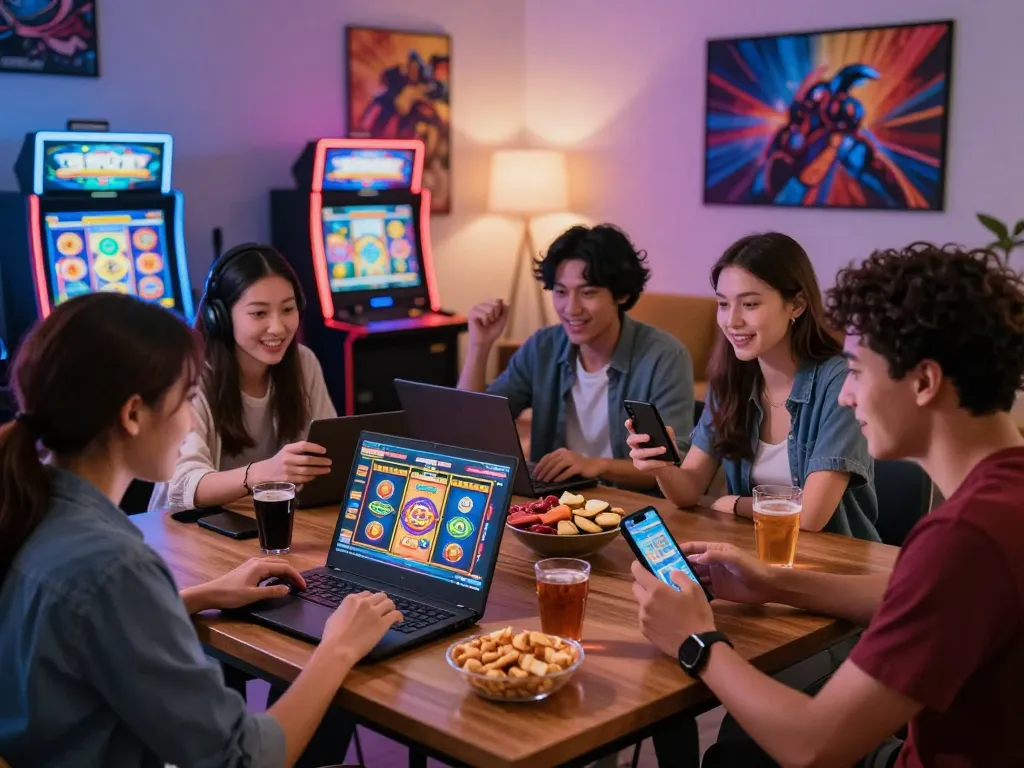 Sekelompok orang yang terlibat menikmati sesi bocoran slot online dengan laptop dan camilan di ruang tamu yang cerah.