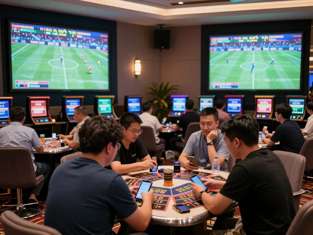 Fun88 users engaging with live sports bets at a luxurious casino.