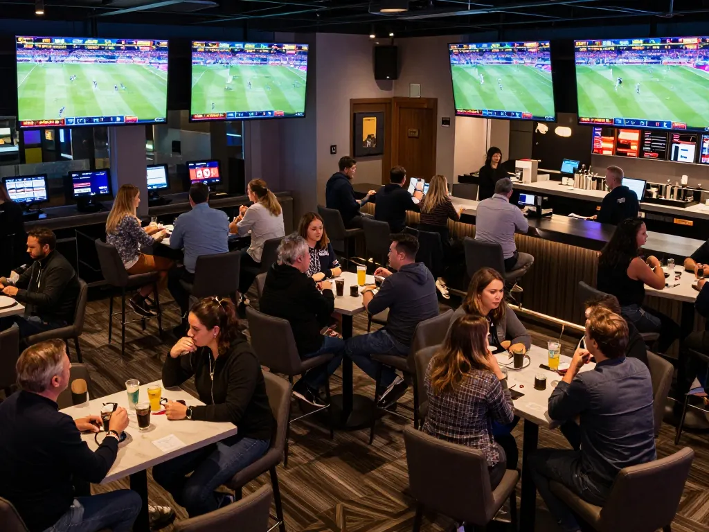 uu88 sports betting interaction with patrons cheering and placing wagers in a vibrant lounge
