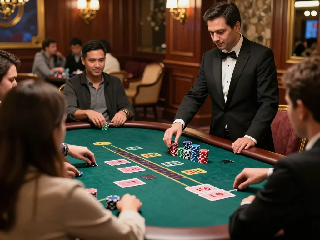Players enjoying strategic blackjack gameplay at 789 club casino, highlighting vibrant atmosphere and dealer interaction.