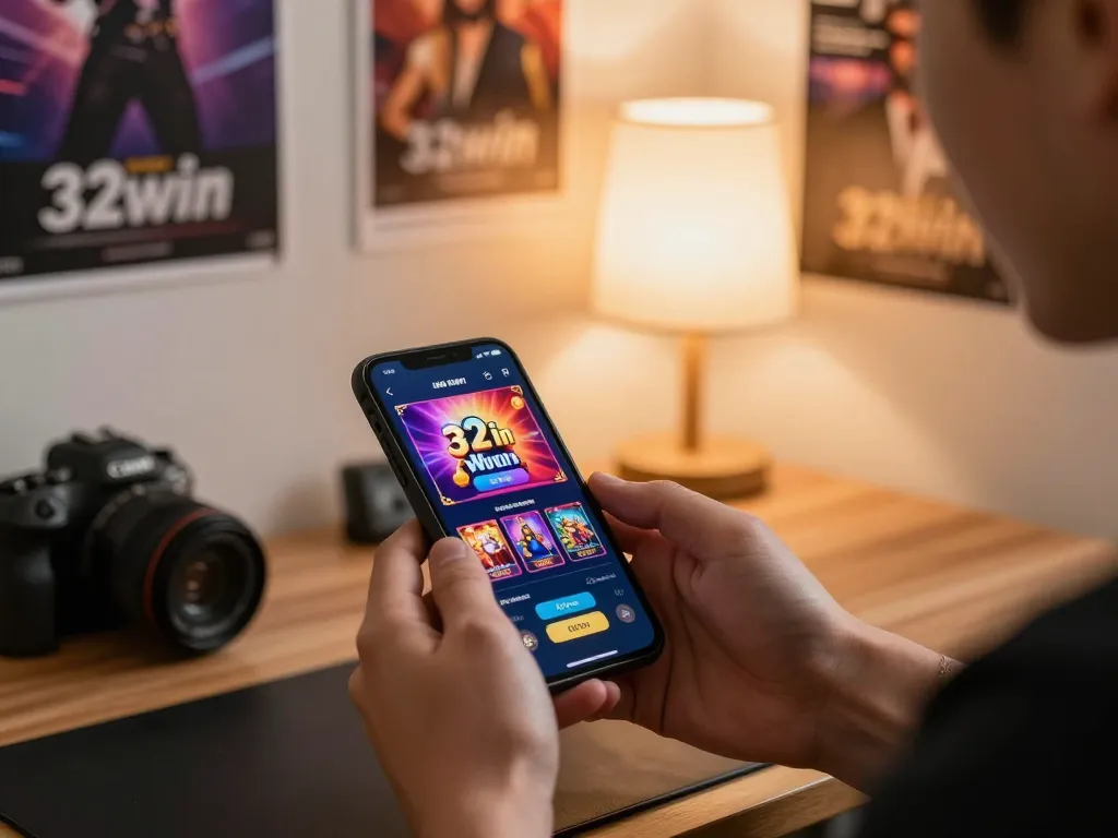 Engaging with 32win casino app on a smartphone for an exciting online gambling experience at home.