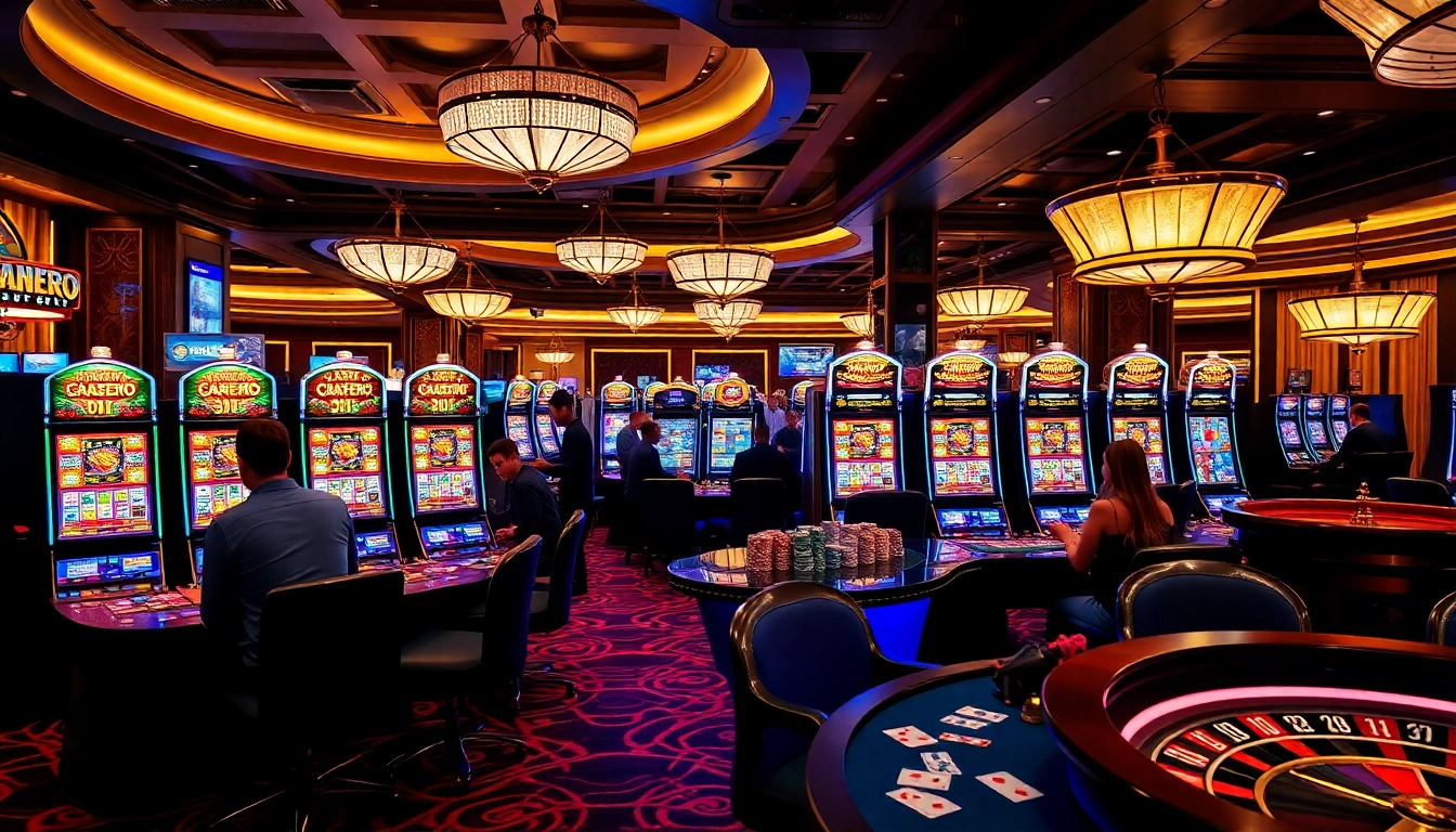 Engaged players enjoying Habanero Slots in a vibrant casino setting with colorful machines and chips.