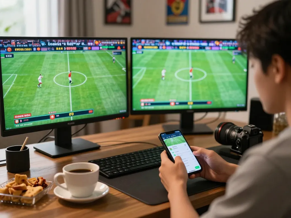 Engaging person analyzing kèo nhà cái odds on mobile device during live football event