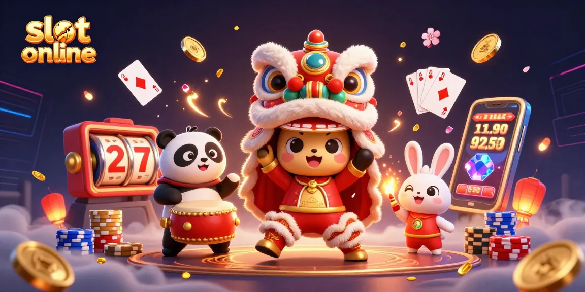 Spin and win with slot online in a lively scene featuring a lion dance and vibrant casino elements.