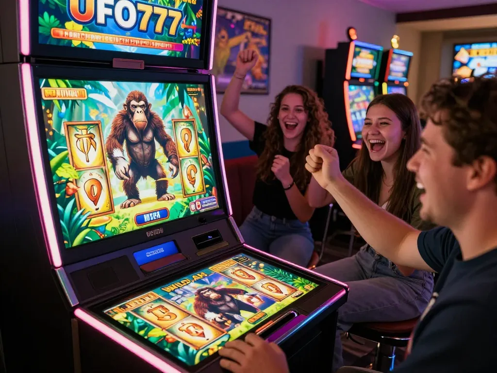 Players spinning Wild Ape slots at UFO777, celebrating wins in lively home gaming environment