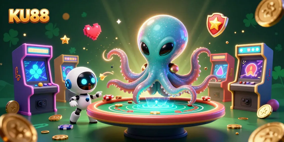 Engage with the exciting KU88 gameplay at a vibrant casino-themed illustration featuring playful characters.