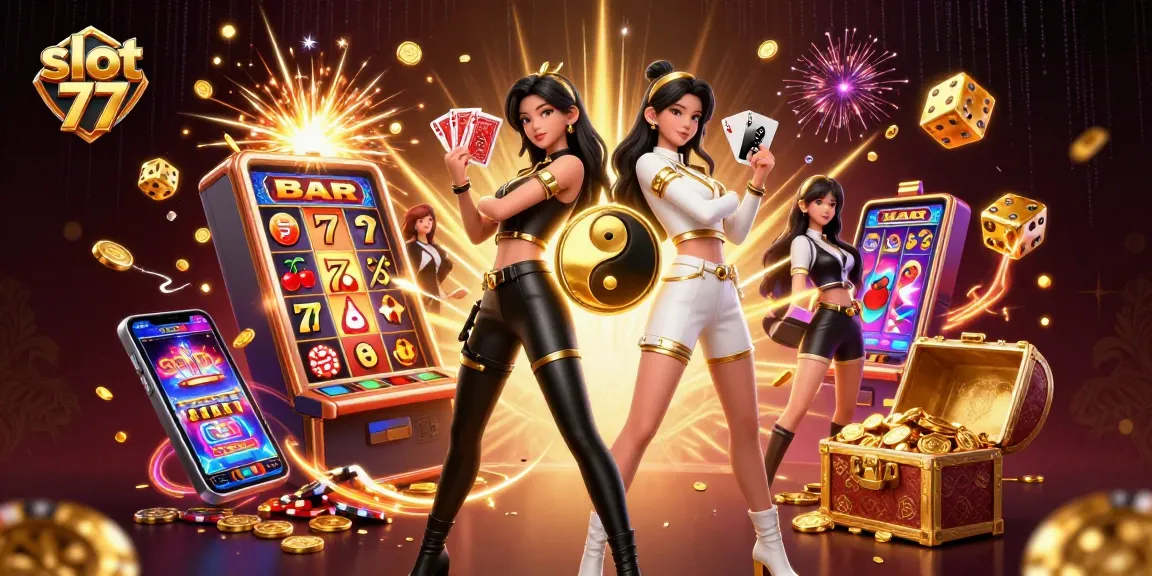 Experience the excitement of slot 77 with vibrant characters and dynamic casino elements.