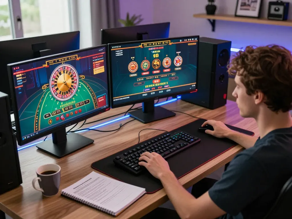 hi88 player focused on online casino games, engaged in strategic gameplay in a modern home office.