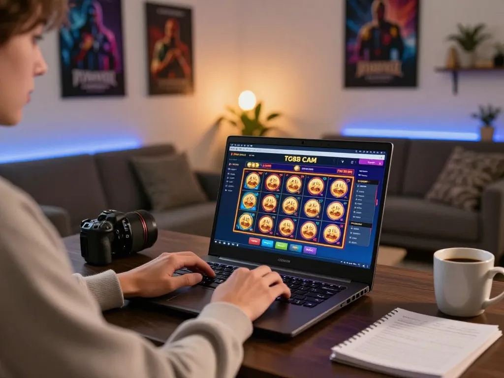 Engaging with TG88 CAM online casino's vibrant gameplay on a laptop in a cozy home setting.