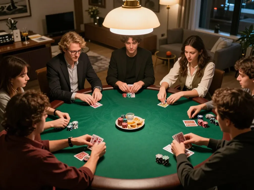 Jun88 players enjoying an engaging home poker game, showcasing vibrant chips and warm lighting.