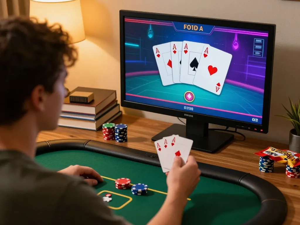 Experience LGOGOAL online poker gameplay in a stylish home setup with focused player engagement