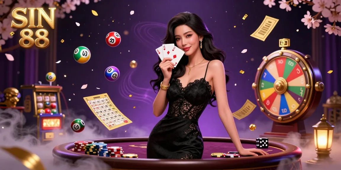 SIN 88 casino scene showcasing an Asian woman holding playing cards amidst vibrant lottery elements and dice.