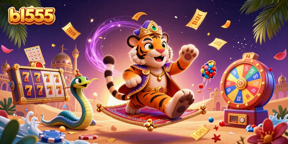 Experience the thrilling world of bl555 with a vibrant 3D casino scene featuring slot game symbols and vivid characters.