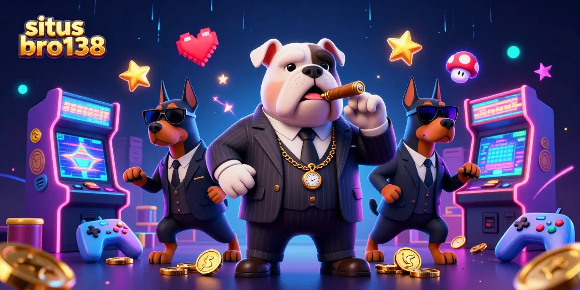 Menghadirkan suasana kasino dengan situs bro138 yang berwarna-warni, menampilkan karakter kartun gangster bulldog dan dua Doberman.
