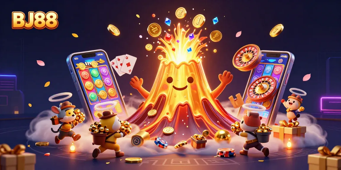 BJ88 offers thrilling jackpot opportunities with an erupting volcano and treasure-filled adventure.