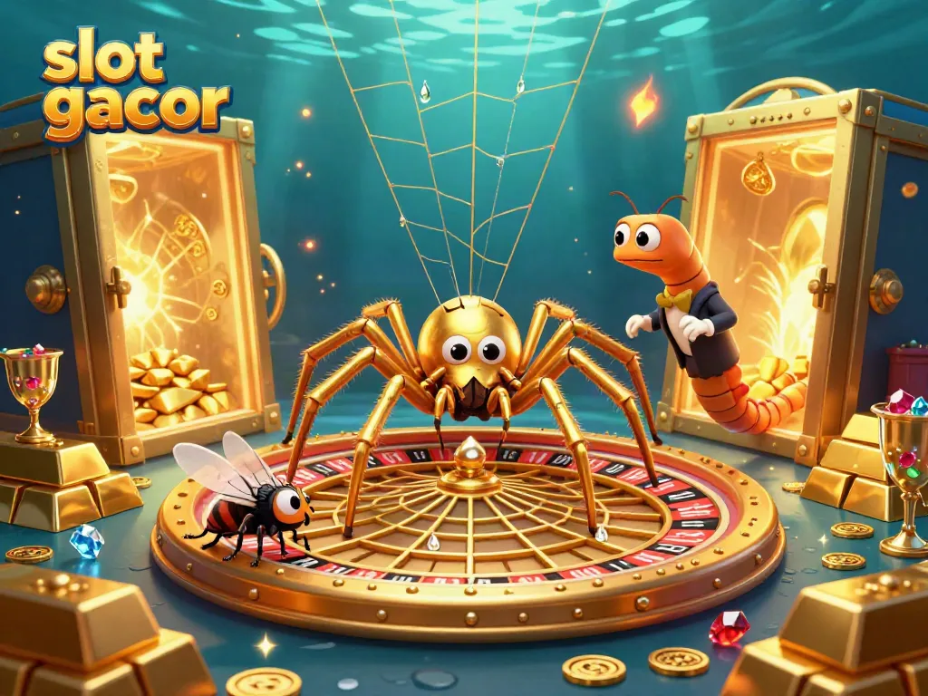 Engage with slot gacor in this vivid illustration featuring a golden spider, a nervous fly, and a centipede croupier in a rich casino scene.