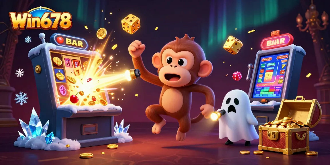 Win678 jackpots explode in a haunted casino scene featuring an entertaining monkey and puppy chasing golden treasures.