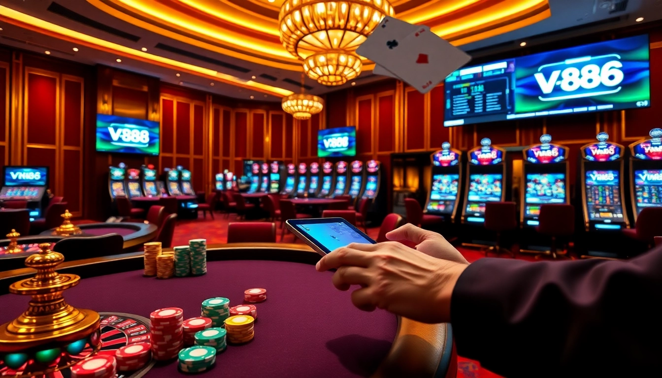 Strategic betting with VM88 online casino interface featuring poker chips and roulette wheel