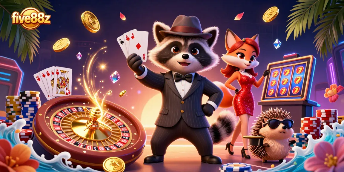 Experience thrilling gaming with five88z in a vibrant 3D casino scene featuring playful characters.