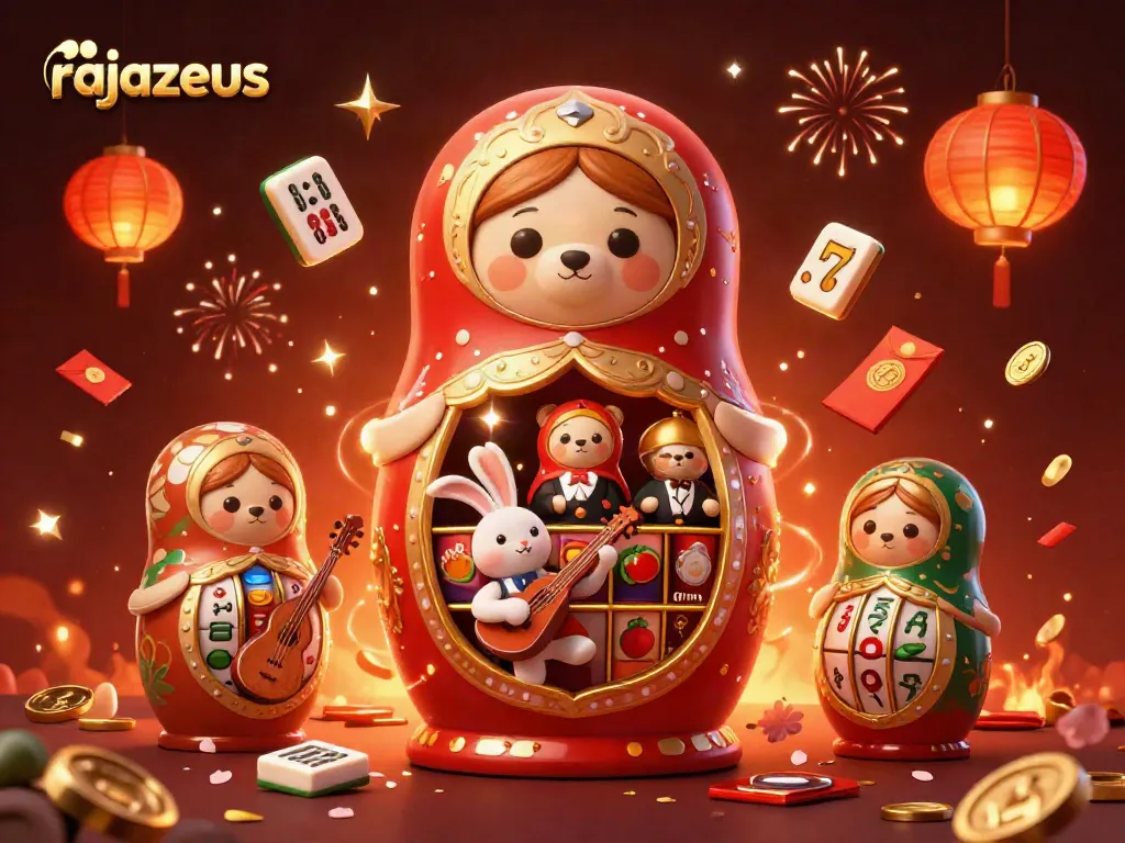 Mainkan rajazeus dalam permainan slot dengan karakter beruang dan elemen kasino yang meriah.