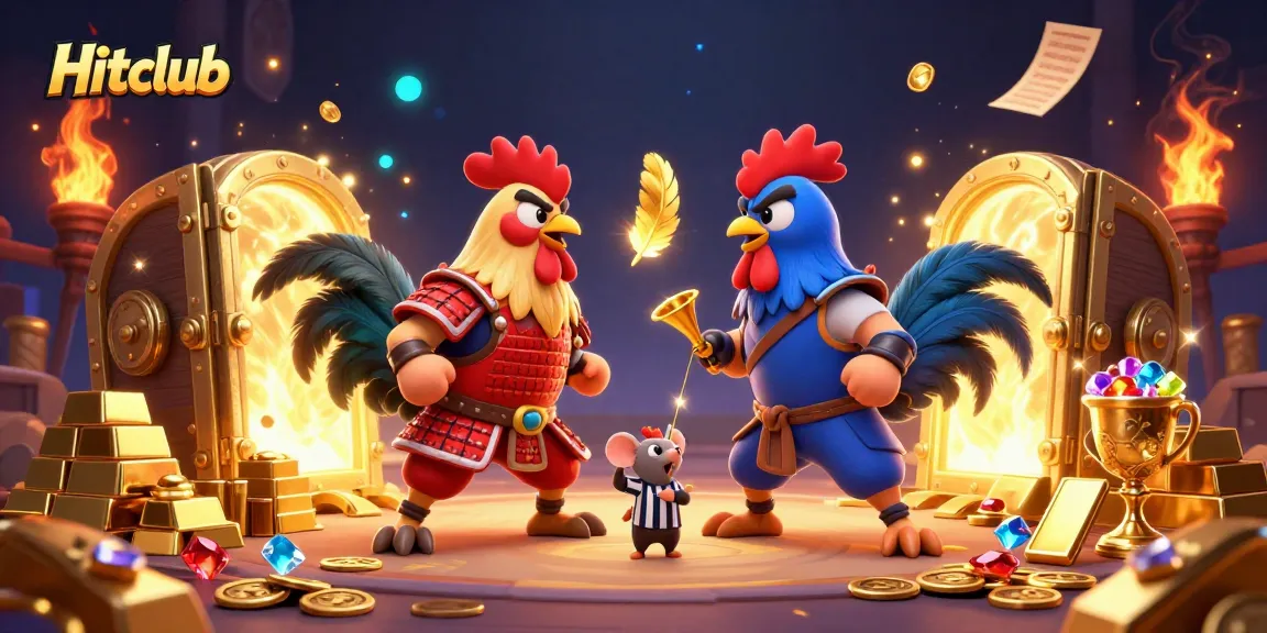 Hitclub showcases a thrilling cockfighting scene with dramatic roosters and casino elements, enhancing the gaming experience.