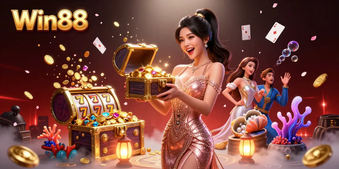 Win88 showcases a vibrant casino adventure with a joyful character presenting treasure amidst slot elements.