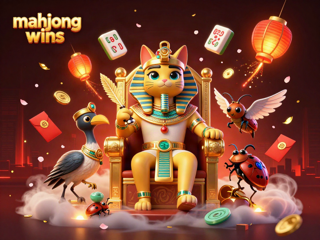 Engaging scene showcasing mahjong wins with a cartoon pharaoh cat and vibrant casino elements.