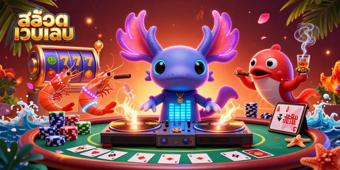 Win big with สล็อตเว็บตรง in this vibrant, energetic casino scene featuring a DJ axolotl and friends.