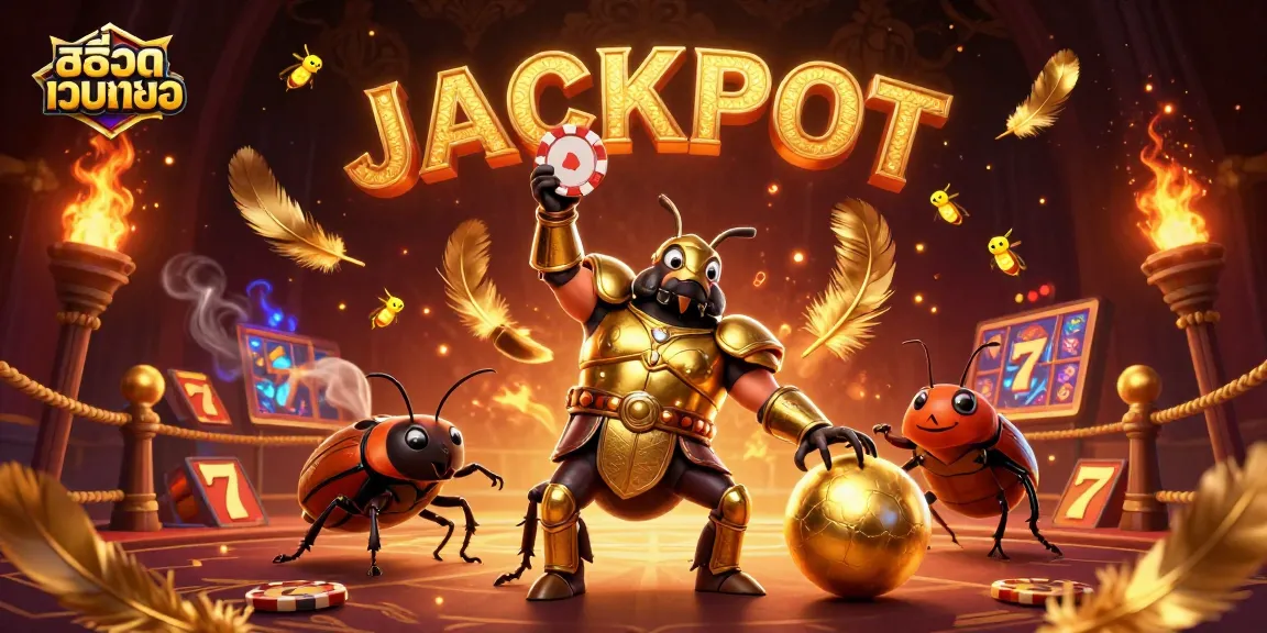 Experience the thrill of สล็อตเว็บตรง as a hercules beetle celebrates with golden poker chips and jackpot fireworks.