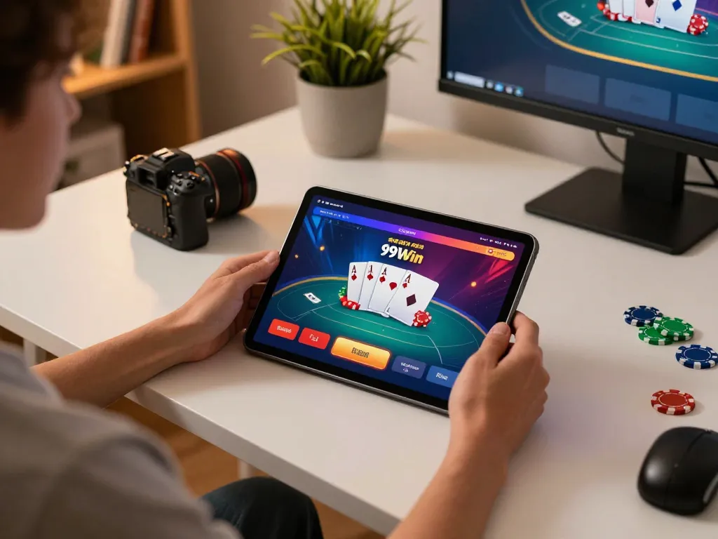 Engaging with the 99Win casino app on tablet, showcasing comfortable online gaming setup.