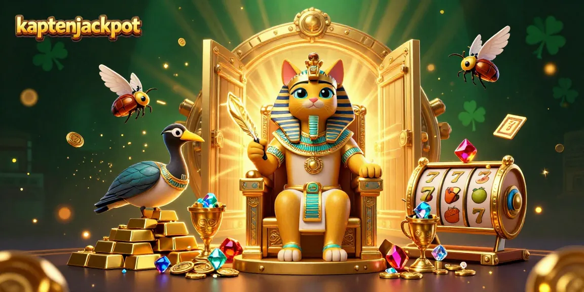 Experience the thrill of kaptenjackpot with a vibrant 3D illustration of an Egyptian pharaoh cat surrounded by treasures and gaming elements.