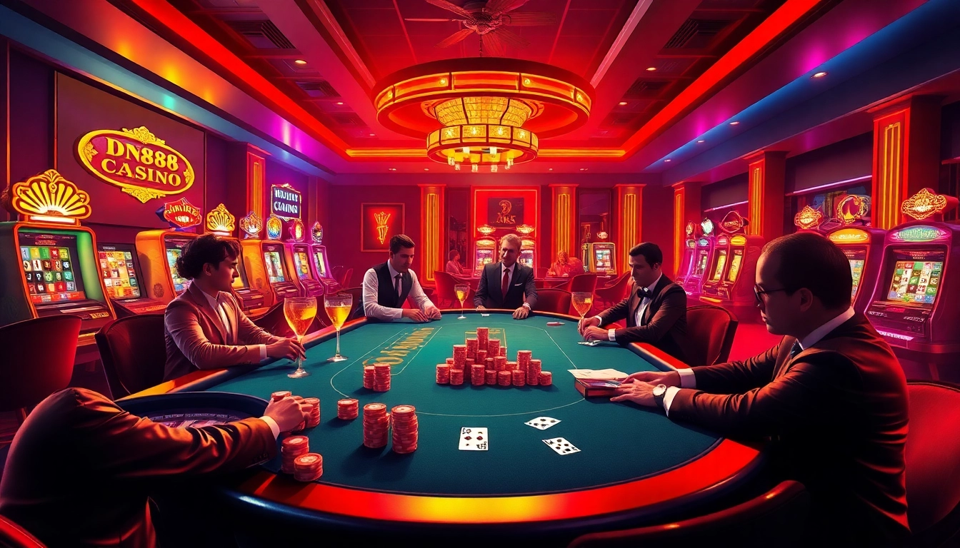 Exciting gameplay at dn88 casino poker table with vibrant neon lights and luxury decor.