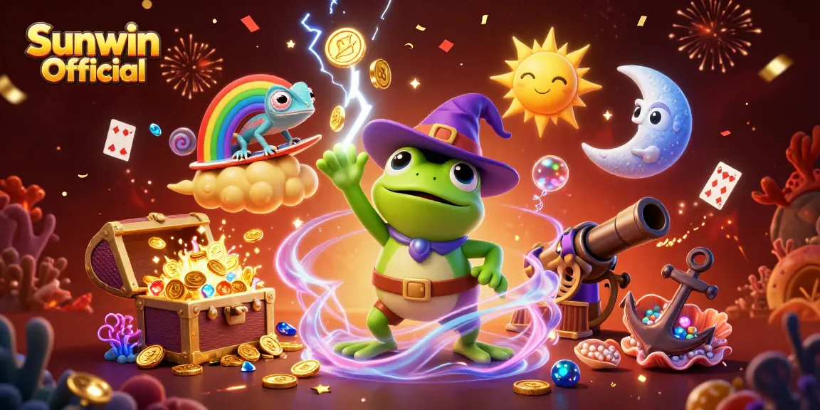 Experience the excitement of Sunwin Official with the wizard frog and chameleon in a colorful casino-themed storm.