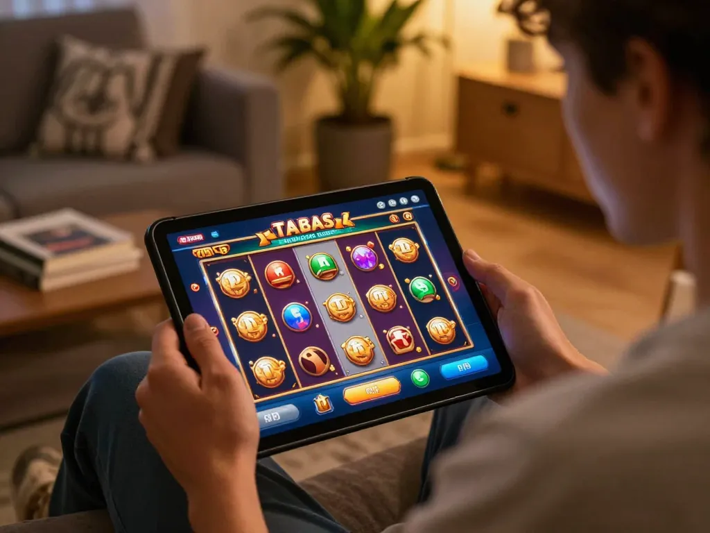 Engaging game moment at online casino on https://rr888.shopping/ showcasing colorful slot interface in cozy home.