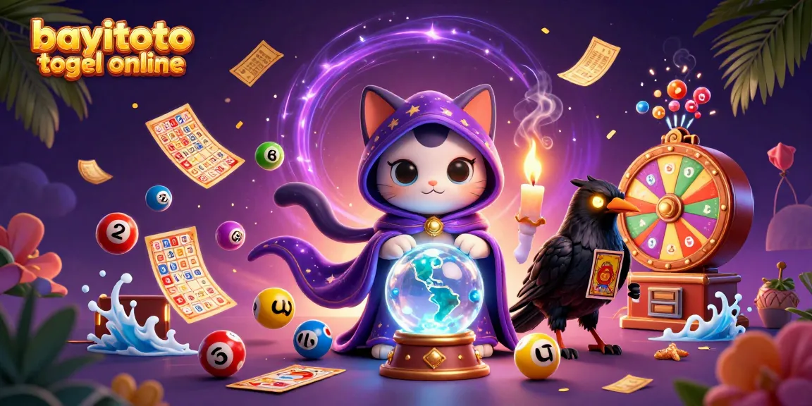 Engage with bayitoto togel online's vibrant lottery scene featuring a mystical cat, tarot raven, and dynamic game elements.