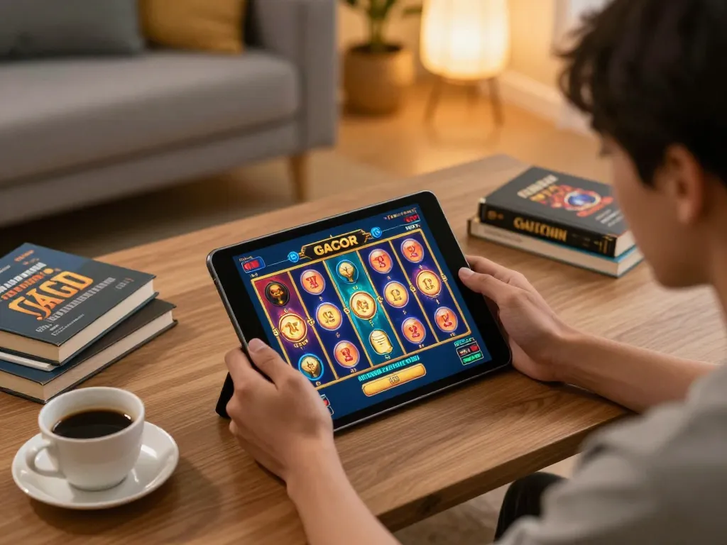 Player enjoying a slot gacor experience on tablet, showcasing vibrant game graphics in cozy home setting.