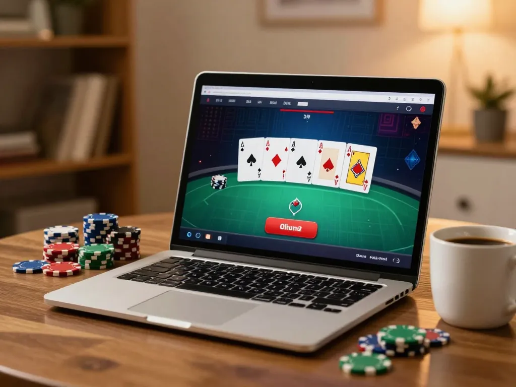 sunwin engaging in online poker game at home, showcasing vibrant cards on screen and cozy setup