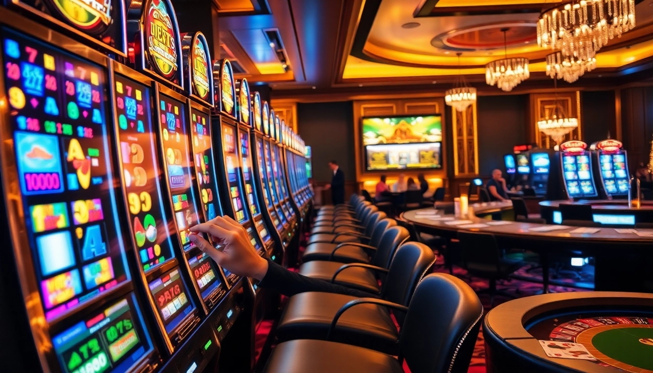 Excited player engaging with a slot gacor machine in a luxurious casino atmosphere.