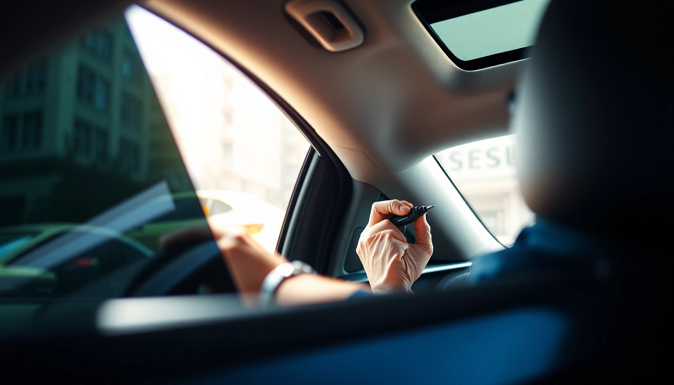 Enhance your vehicle's appearance with window tint near me, showing a technician applying film to a modern car.