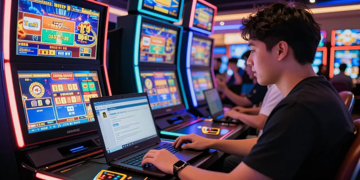 Pengguna aktif di juragan77 melihat hasil togel di laptop dalam suasana kasino digital yang ceria.