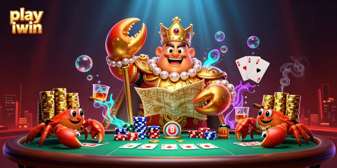 Engage with thrilling play iwin casino games featuring a golden crab emperor and vibrant poker elements.