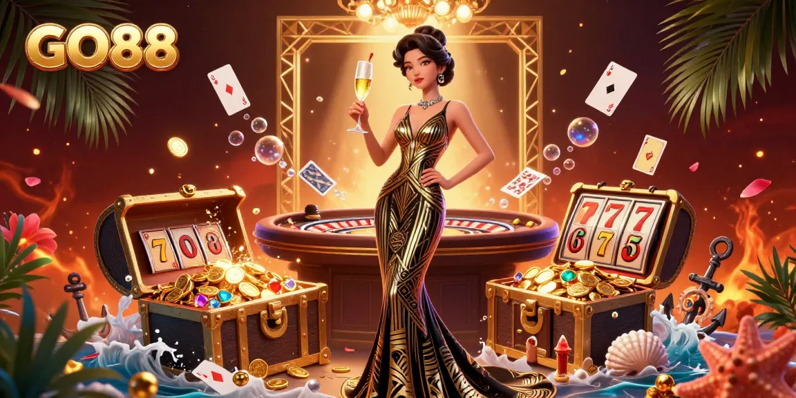 Engage with GO88's luxurious gambling experience featuring an elegant woman at a roulette table, enveloped in treasure.